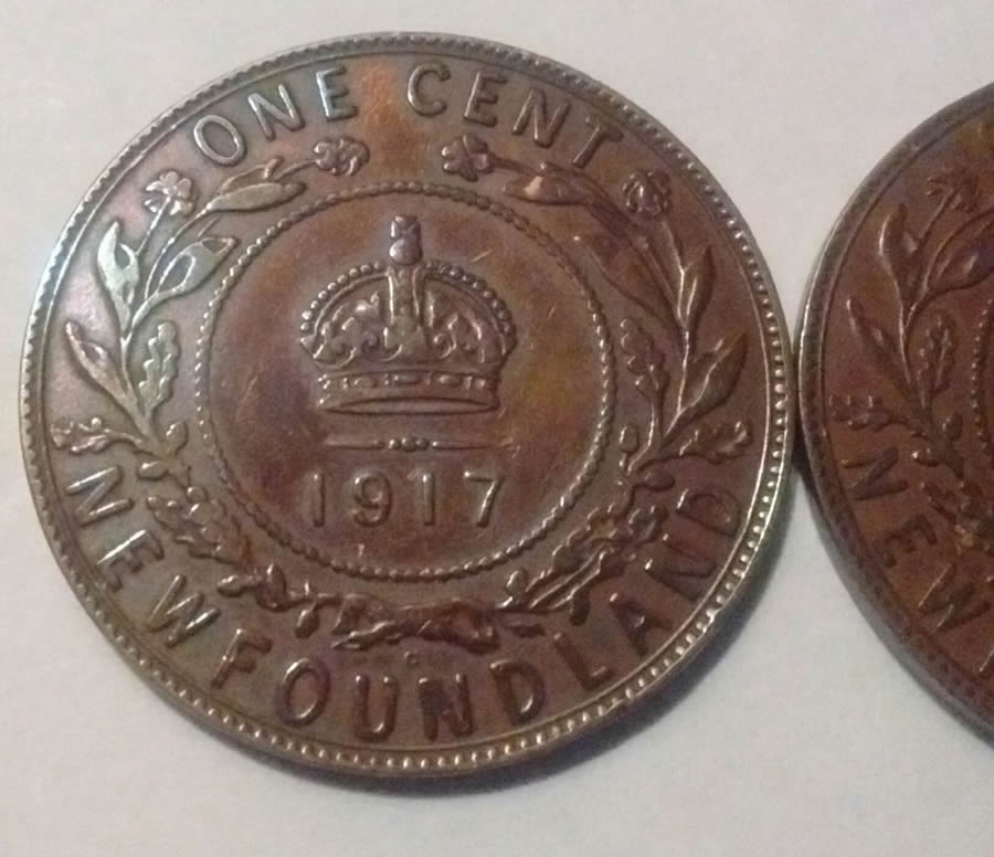 1917-NFLD-Large-One-Cent-X2-Grades-Pls
